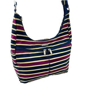 Baggallini Crossbody Shoulder Bag Striped Blue Plumb Multi Pocket Nylon EUC
